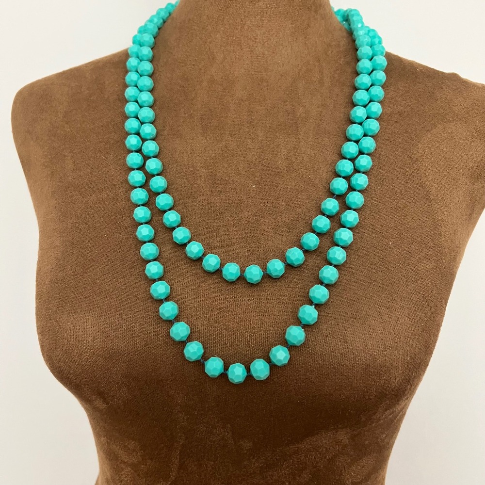 Vintage Turquoise Blue Acrylic Beaded Long Strand Necklace 54" Eclectic